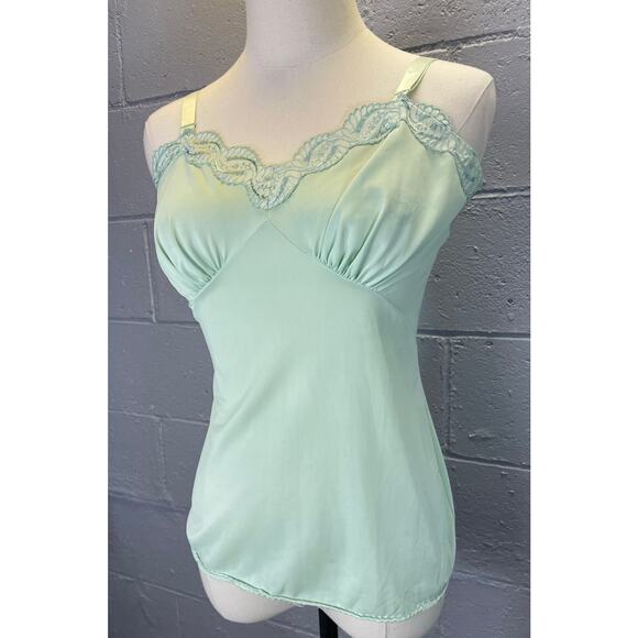 Vintage Nylon Camisole Lace Trim Small Hand Dyed Upcycled Lime Cream - Picture 1 of 8